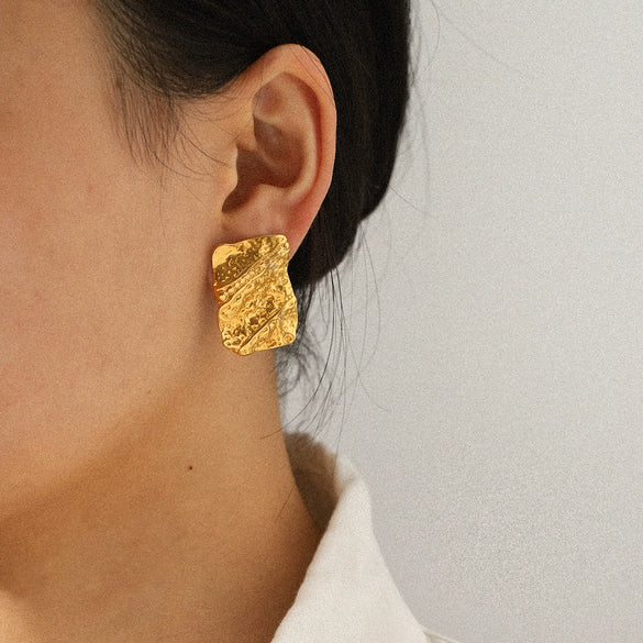 Wholesale Women's Ins Style Geometric Hammer Pattern Design Electroplated Asymmetrical Texture Stainless Steel Earrings