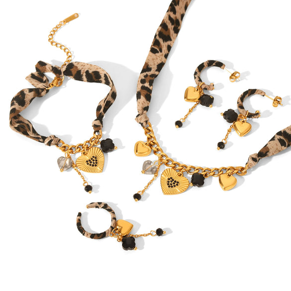 Wholesale Women's Ins Style Geometric Pattern Heart Pendant Jewelry Set Stainless Steel Electroplated Necklace Bracelet Earrings Ring With Cuban Link Chain