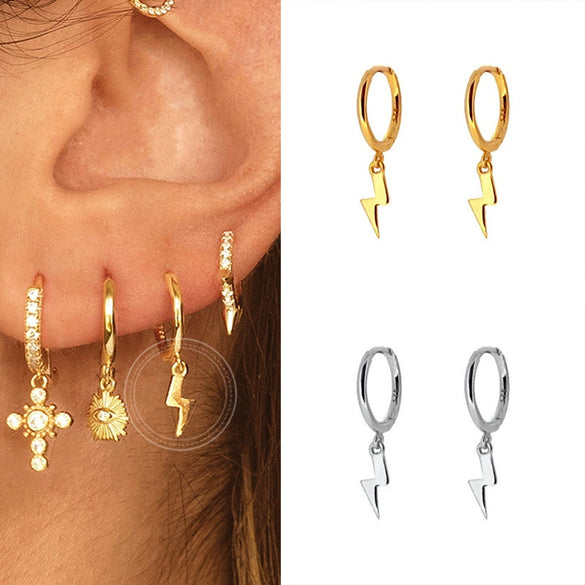 Wholesale Women's Ins Style Geometric Silver Needle Copper Electroplated Lightning Pendant Earrings
