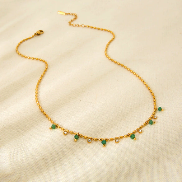 Wholesale Women's Ins Style Geometric Stainless Steel And Titanium Steel Electroplated Ball Chain Necklace With Green Dongling Pendant