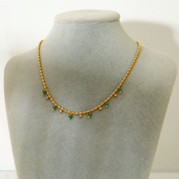 Wholesale Women's Ins Style Geometric Stainless Steel And Titanium Steel Electroplated Ball Chain Necklace With Green Dongling Pendant
