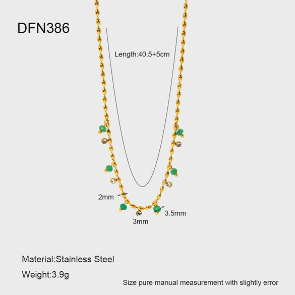 Wholesale Women's Ins Style Geometric Stainless Steel And Titanium Steel Electroplated Ball Chain Necklace With Green Dongling Pendant