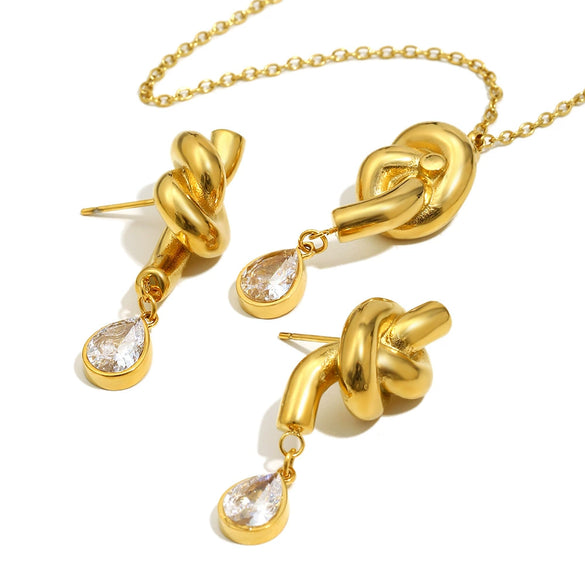 Wholesale Women's Ins Style Geometric Stainless Steel 18K Goldplated Knotted Water Drop Zircon Earrings And Necklace Jewelry