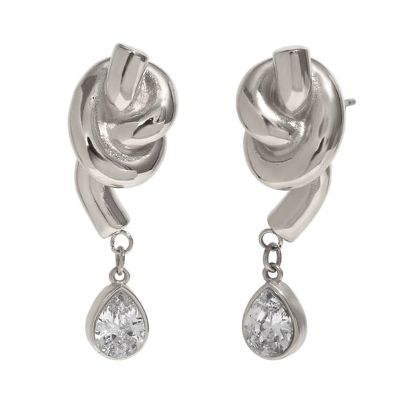 Wholesale Women's Ins Style Geometric Stainless Steel 18K Goldplated Knotted Water Drop Zircon Earrings And Necklace Jewelry
