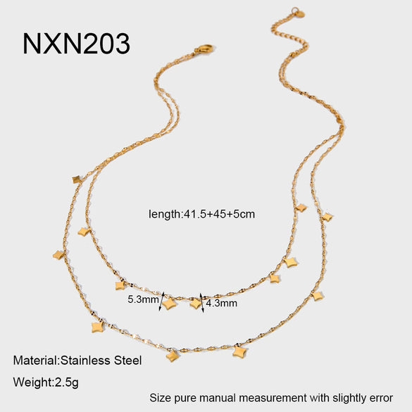 Wholesale Women's Ins Style Geometric Star Diamond 18K Gold Plated Stainless Steel Doublelayer Stacking Necklace
