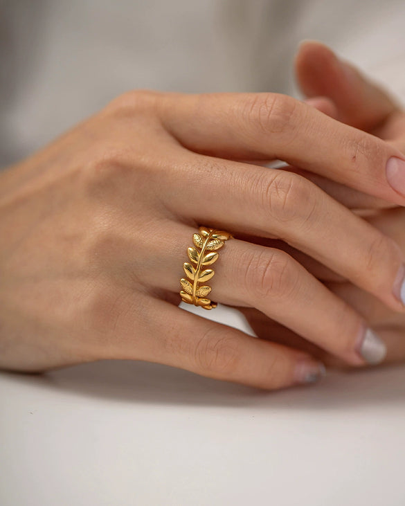 Wholesale Women's Ins Style Geometric Titanium Steel Open Ring With Olive Branch Leaf Design And Electroplating Treatment