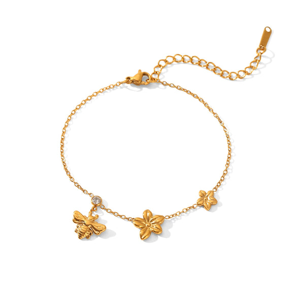 Wholesale Women's Ins Style Gold Plated Stainless Steel Bee Flower Bracelet Jewelry