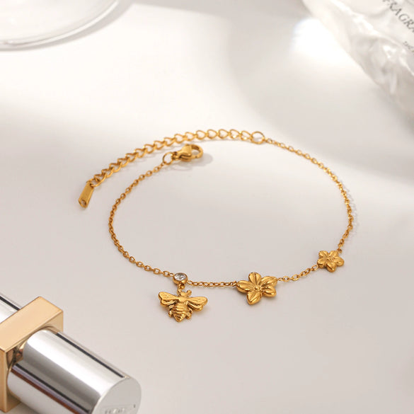 Wholesale Women's Ins Style Gold Plated Stainless Steel Bee Flower Bracelet Jewelry