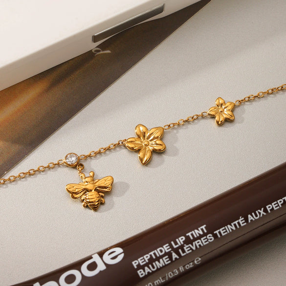 Wholesale Women's Ins Style Gold Plated Stainless Steel Bee Flower Bracelet Jewelry
