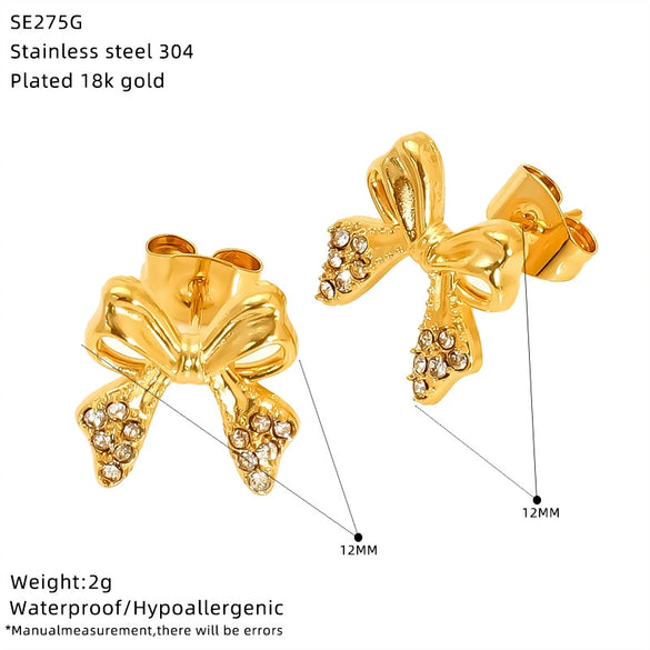 Wholesale Women's Ins Style Goldplated Titanium Steel Zirconia Bow Earrings