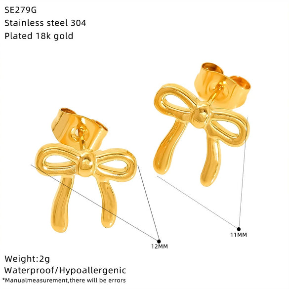 Wholesale Women's Ins Style Goldplated Titanium Steel Zirconia Bow Earrings
