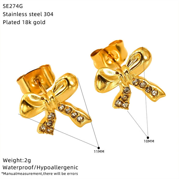 Wholesale Women's Ins Style Goldplated Titanium Steel Zirconia Bow Earrings