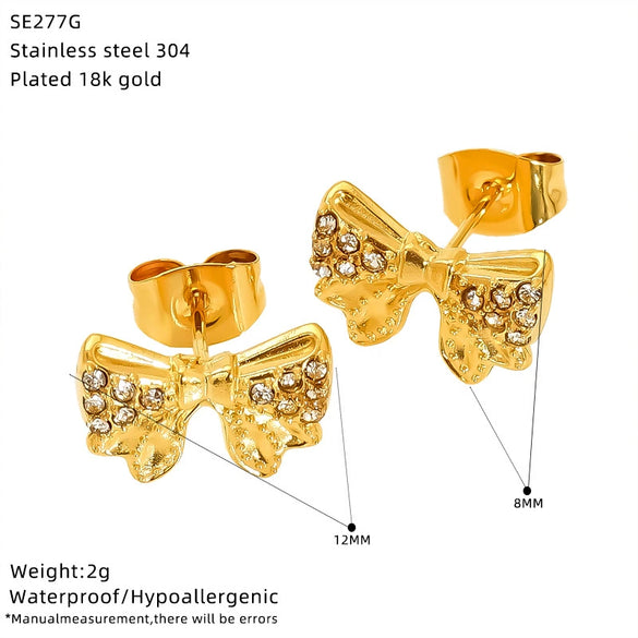 Wholesale Women's Ins Style Goldplated Titanium Steel Zirconia Bow Earrings