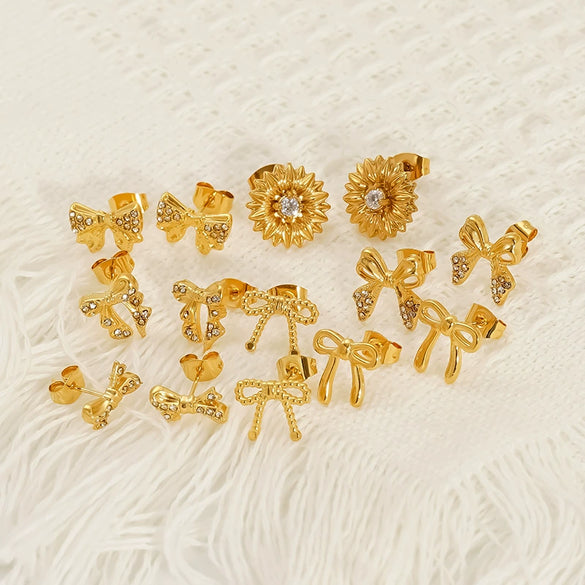 Wholesale Women's Ins Style Goldplated Titanium Steel Zirconia Bow Earrings