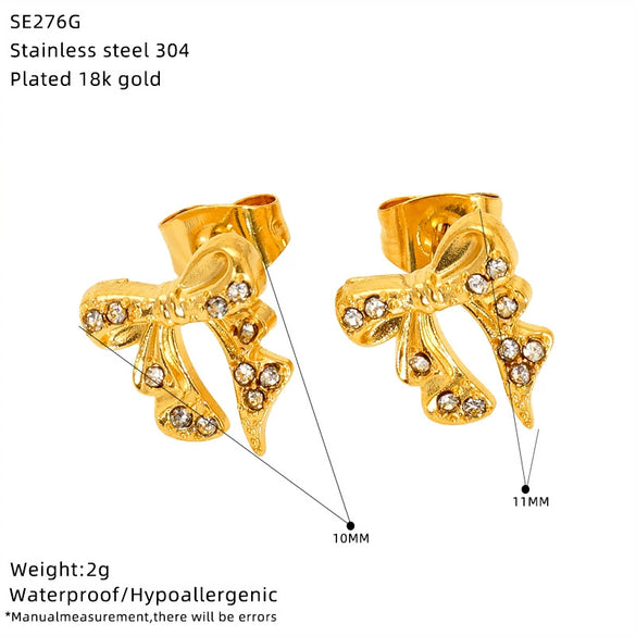 Wholesale Women's Ins Style Goldplated Titanium Steel Zirconia Bow Earrings