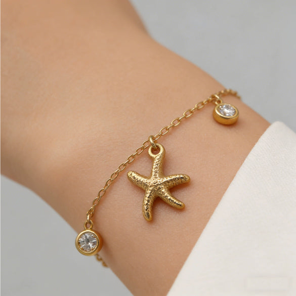 Wholesale Women's Ins Style Marine Life Starfish And Shell Stainless Steel And Titanium Steel Electroplated Necklace And Bracelet Set