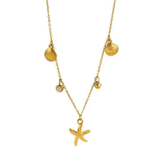 Wholesale Women's Ins Style Marine Life Starfish And Shell Stainless Steel And Titanium Steel Electroplated Necklace And Bracelet Set