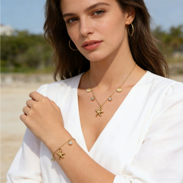 Wholesale Women's Ins Style Marine Life Starfish And Shell Stainless Steel And Titanium Steel Electroplated Necklace And Bracelet Set