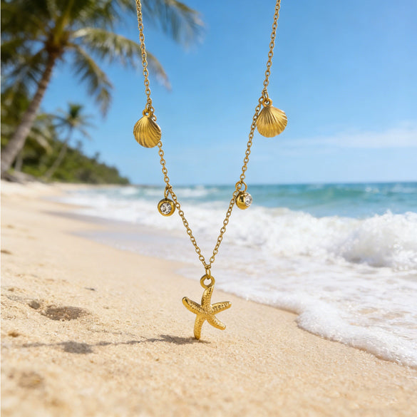 Wholesale Women's Ins Style Marine Life Starfish And Shell Stainless Steel And Titanium Steel Electroplated Necklace And Bracelet Set