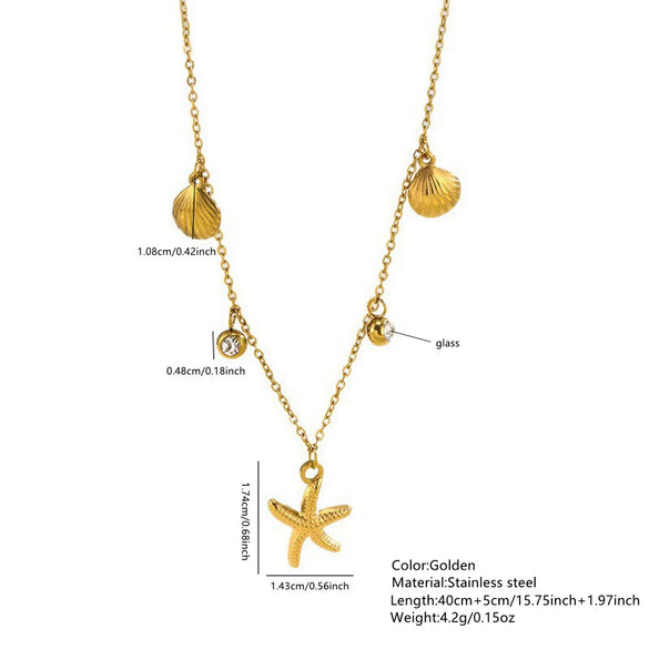 Wholesale Women's Ins Style Marine Life Starfish And Shell Stainless Steel And Titanium Steel Electroplated Necklace And Bracelet Set