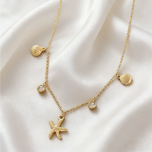 Wholesale Women's Ins Style Marine Life Starfish And Shell Stainless Steel And Titanium Steel Electroplated Necklace And Bracelet Set