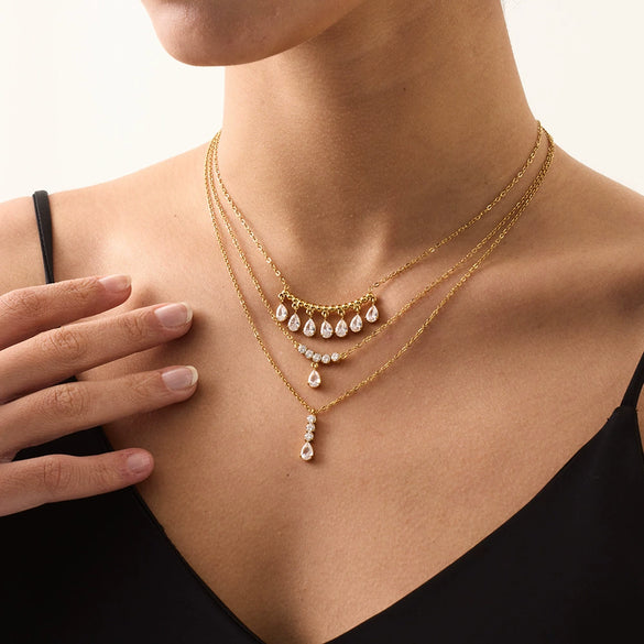 Wholesale Women's Ins Style Minimalist Geometric And Drop Shape Stainless Steel Bead Chain Necklace With 18K Gold Plating