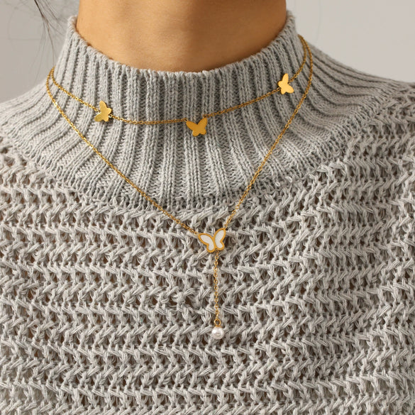 Wholesale Women's Ins Style Minimalist Geometric Stainless Steel Electroplated Butterfly Pearl Pendant Double Layer Sweater Necklace