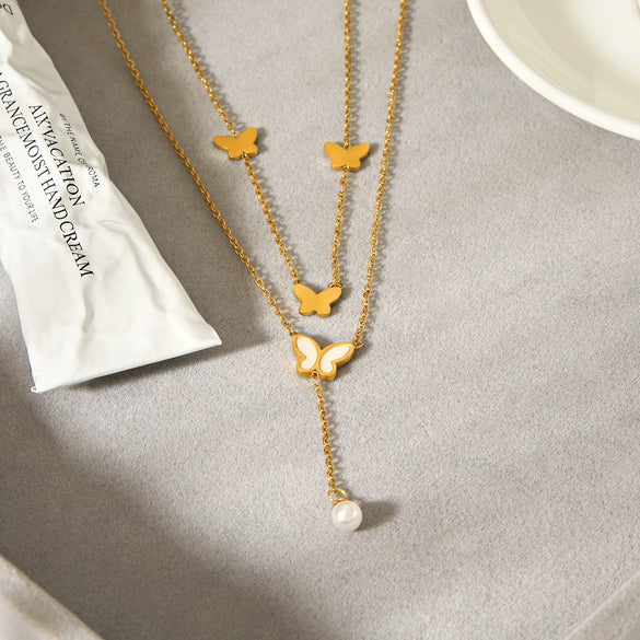 Wholesale Women's Ins Style Minimalist Geometric Stainless Steel Electroplated Butterfly Pearl Pendant Double Layer Sweater Necklace