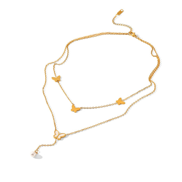 Wholesale Women's Ins Style Minimalist Geometric Stainless Steel Electroplated Butterfly Pearl Pendant Double Layer Sweater Necklace
