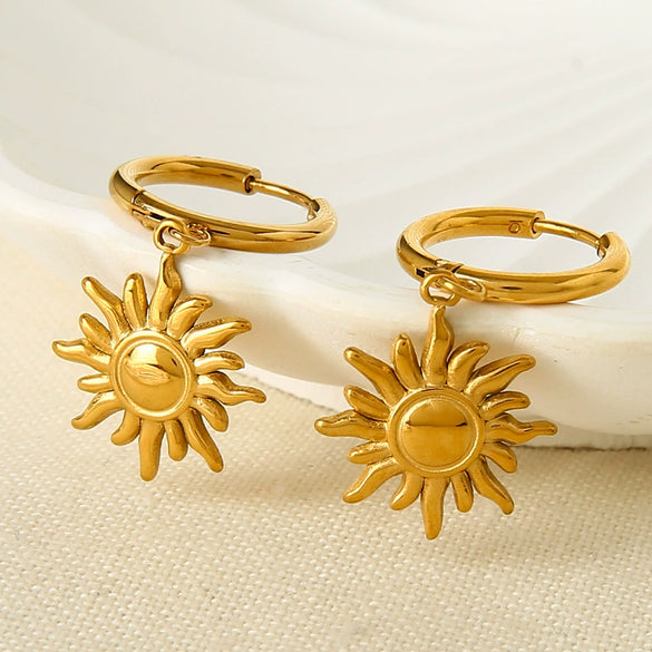 Wholesale Women's Ins Style Minimalist Geometric Stainless Steel 18K Gold Plated Sunflower Pendant Earrings