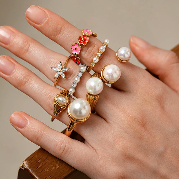 Wholesale Women's Ins Style Minimalist Geometric Stainless Steel Ring With Imitation Pearl Zirconia 18K Gold Plated Jewelry