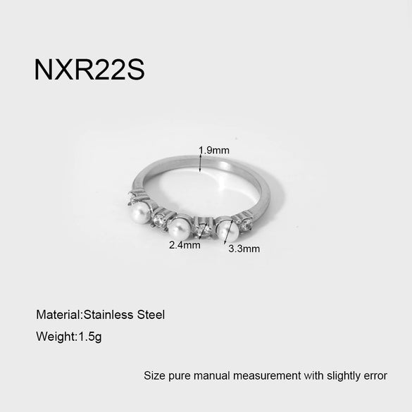 Wholesale Women's Ins Style Minimalist Geometric Stainless Steel Ring With Imitation Pearl Zirconia 18K Gold Plated Jewelry
