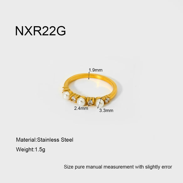 Wholesale Women's Ins Style Minimalist Geometric Stainless Steel Ring With Imitation Pearl Zirconia 18K Gold Plated Jewelry