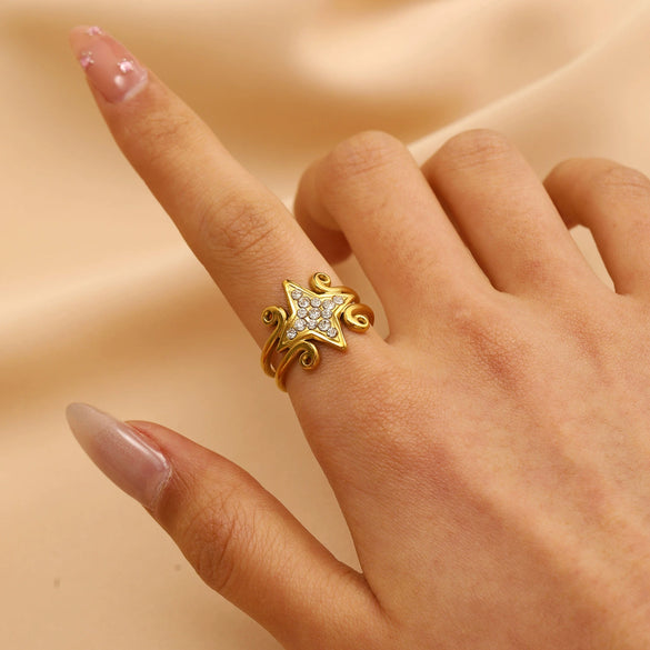 Wholesale Women's Ins Style Minimalist Heart Shape Electroplated Stainless Steel Openended Diamondencrusted Hollow Ring