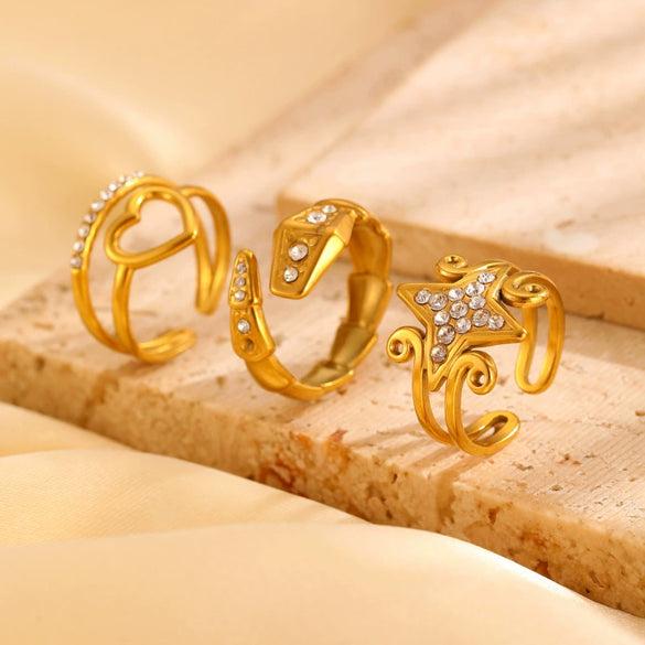 Wholesale Women's Ins Style Minimalist Heart Shape Electroplated Stainless Steel Openended Diamondencrusted Hollow Ring