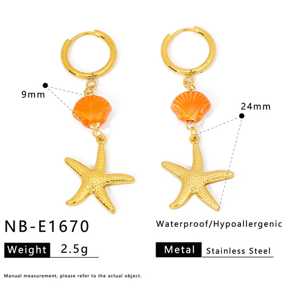 Wholesale Women's Ins Style Minimalist Star Pattern Stainless Steel Earrings With Shell And Pearl Pendant 18K Gold Plated