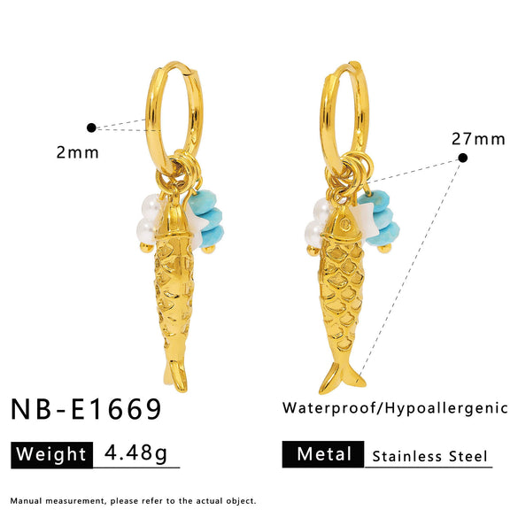Wholesale Women's Ins Style Minimalist Star Pattern Stainless Steel Earrings With Shell And Pearl Pendant 18K Gold Plated