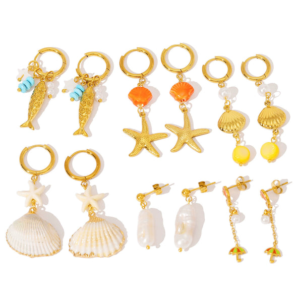 Wholesale Women's Ins Style Minimalist Star Pattern Stainless Steel Earrings With Shell And Pearl Pendant 18K Gold Plated
