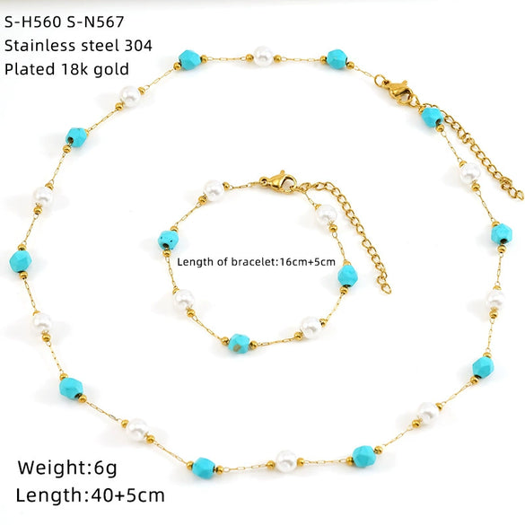Wholesale Women's Ins Style Natural Stone Pearl And Crystal Jewelry Set With Electroplated Box Chain