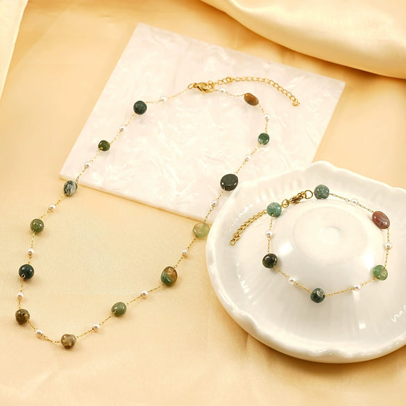 Wholesale Women's Ins Style Natural Stone Pearl And Crystal Jewelry Set With Electroplated Box Chain