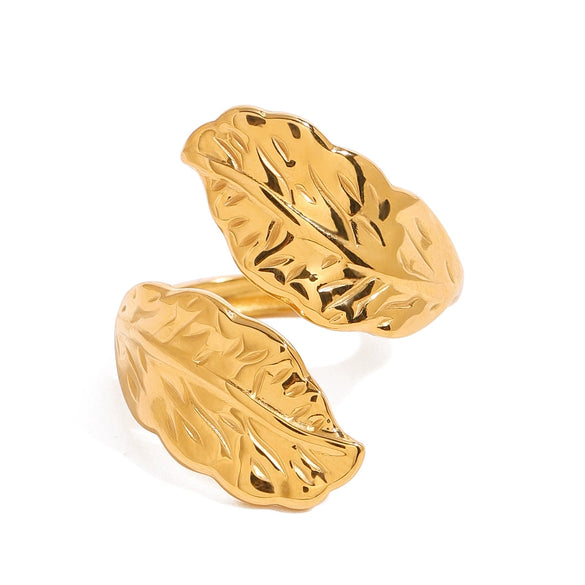 Wholesale Women's Ins Style Stainless Steel Leaf Pattern Electroplated Opening Ring Jewelry
