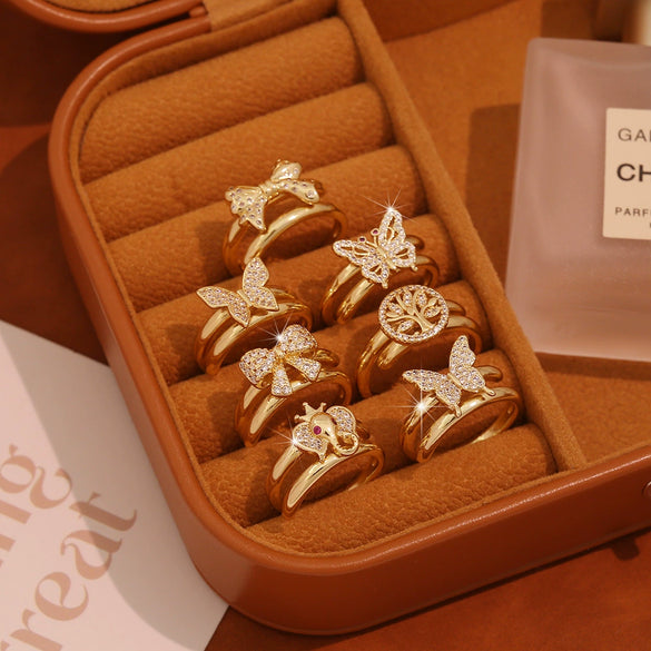 Wholesale Women's Ins Trendy Copper Microinlaid Zircon Real Gold Plated Bow Butterfly Animals Zodiac Ring Accessories
