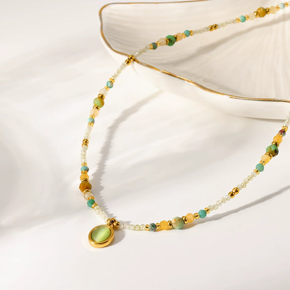 Wholesale Women's Insstyle Geometric Natural Stone And Stainless Steel Handmade Beaded Chain Necklace With Pvd Furnace Vacuum Real Gold Plating