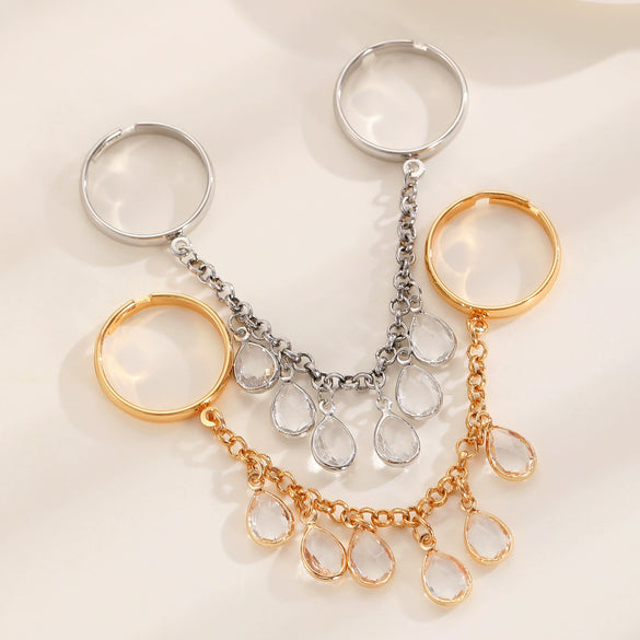 Wholesale Women's Iron Alloy Drop Shape Tassel Chain Finger Ring With Electroplating And Niche Stylish Design