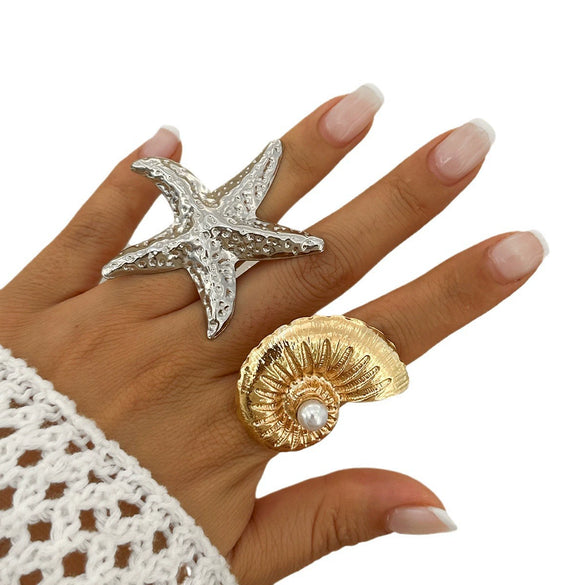 Wholesale Women's Jewelry Alloy Imitation Pearl Starfish Ring Holiday Style Geometric Electroplated