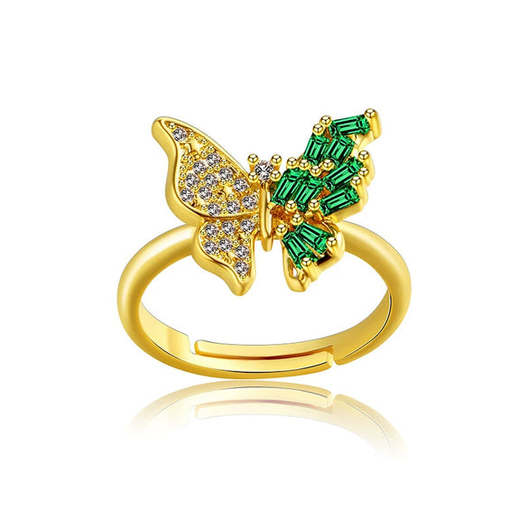 Wholesale Women's Jewelry Butterfly Ring Copper Electroplating Green Zircon Diamond Insect Pattern