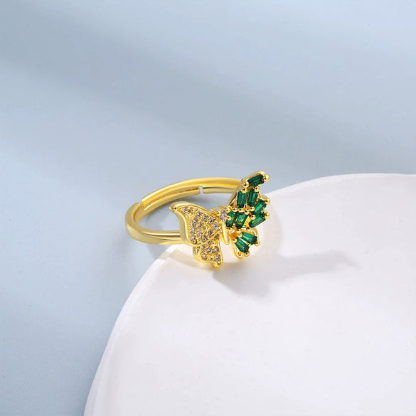 Wholesale Women's Jewelry Butterfly Ring Copper Electroplating Green Zircon Diamond Insect Pattern