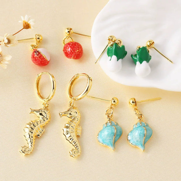 Wholesale Women's Jewelry Copper Plated Real Gold Geometric Seahorse Conch Pendant Earrings
