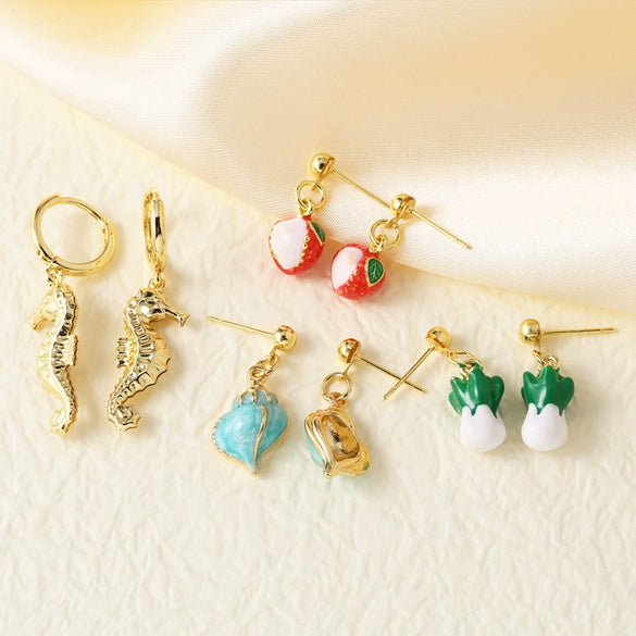 Wholesale Women's Jewelry Copper Plated Real Gold Geometric Seahorse Conch Pendant Earrings