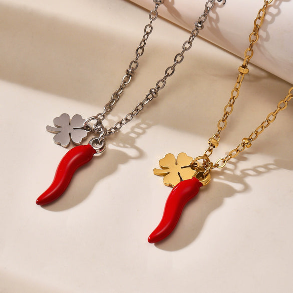 Wholesale Women's Jewelry Ferris Wheel Four Leaf Clover Red Chili Pendant Necklace In Stainless Steel With Enamel Glaze And Electroplating